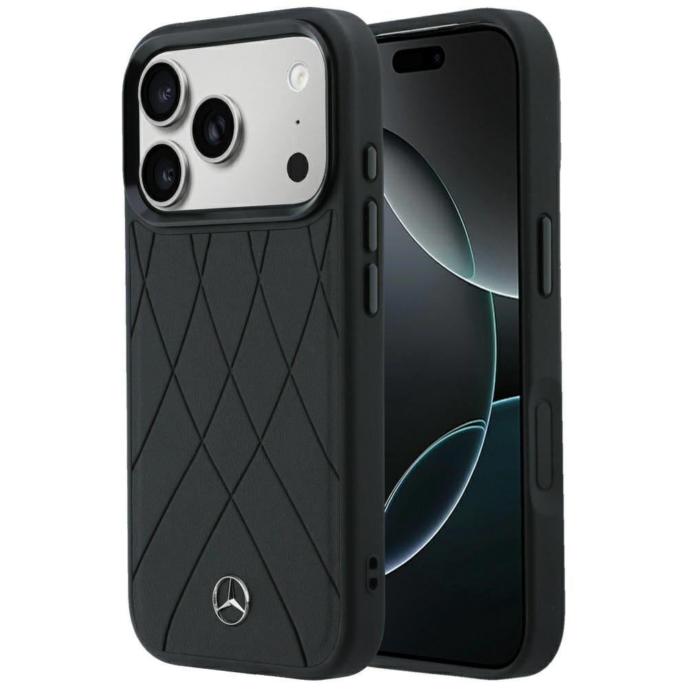 Mercedes Benz iPhone 17 Pro/iPhone 18 Pro Kuori Leather Crossed Lines Musta