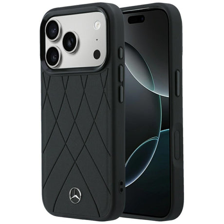 Mercedes Benz iPhone 17 Pro/iPhone 18 Pro Kuori Leather Crossed Lines Musta
