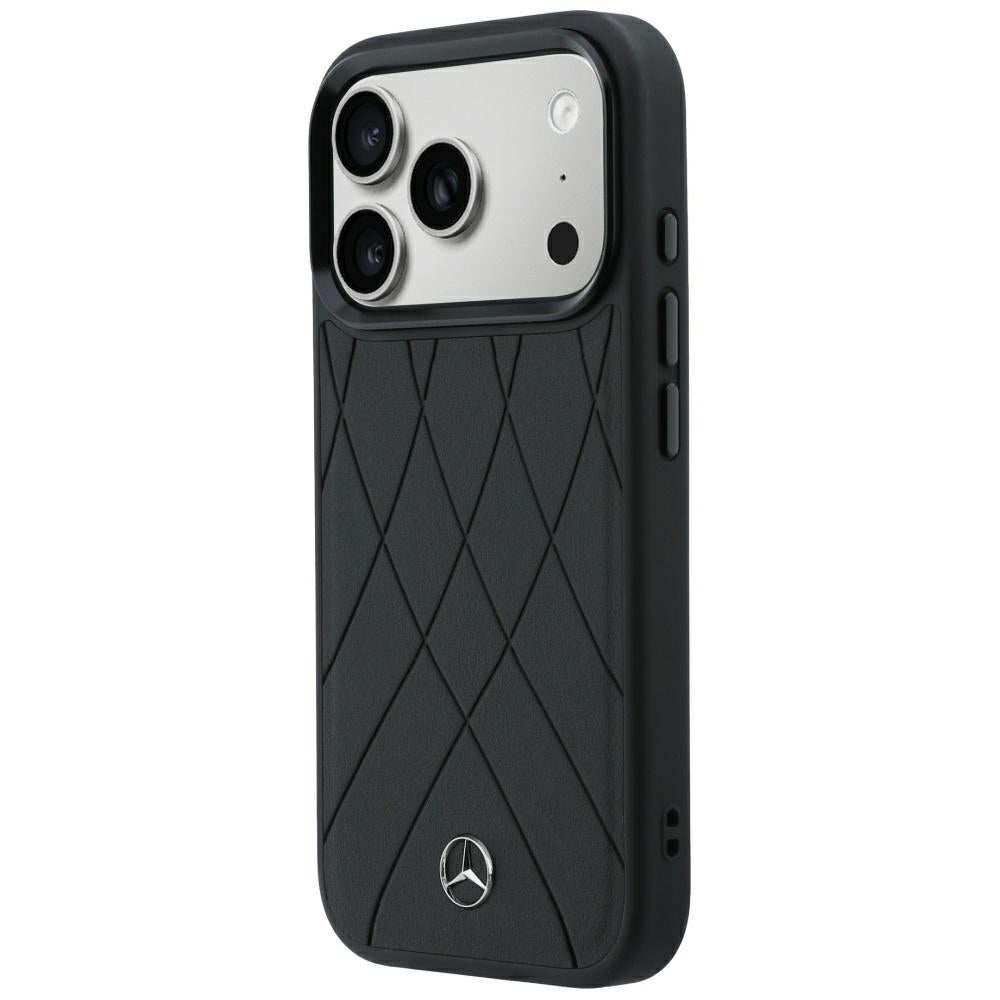 Mercedes Benz iPhone 17 Pro/iPhone 18 Pro Kuori Leather Crossed Lines Musta