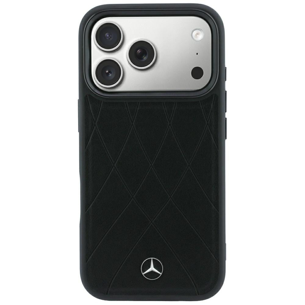 Mercedes Benz iPhone 17 Pro/iPhone 18 Pro Kuori Leather Crossed Lines Musta