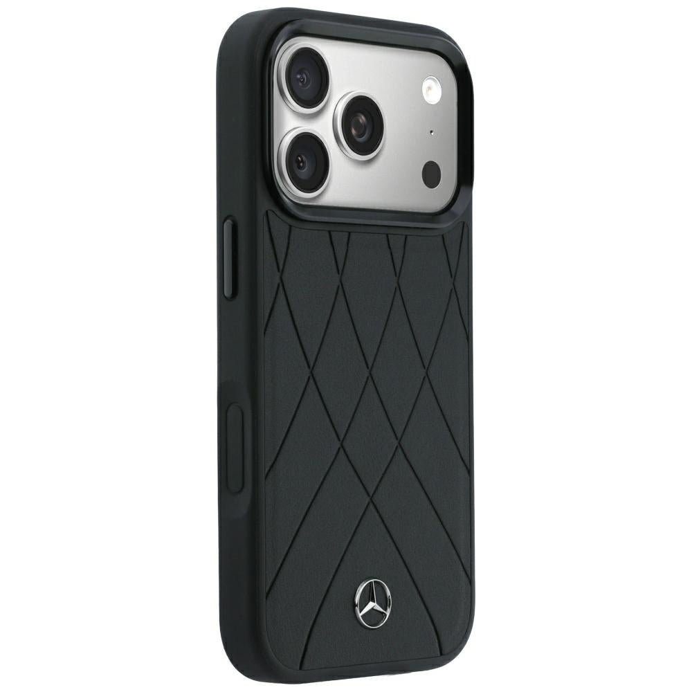 Mercedes Benz iPhone 17 Pro/iPhone 18 Pro Kuori Leather Crossed Lines Musta