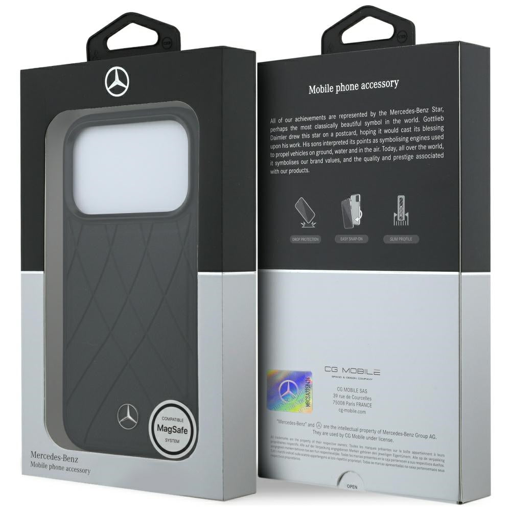 Mercedes Benz iPhone 17 Pro/iPhone 18 Pro Kuori Leather Crossed Lines Musta