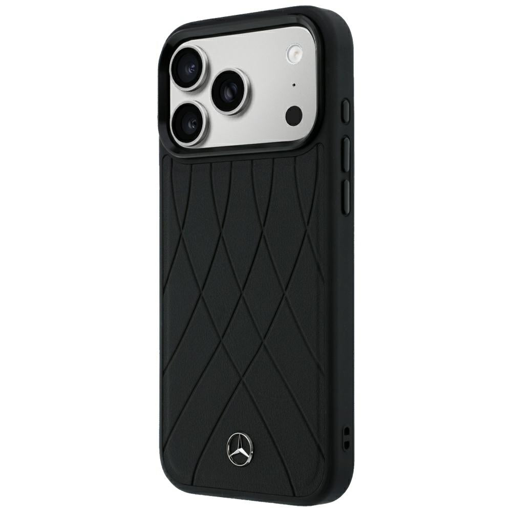 Mercedes Benz iPhone 17 Pro Max/iPhone 18 Pro Max Kuori Leather Crossed Lines Musta