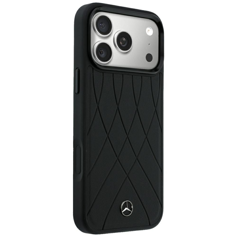 Mercedes Benz iPhone 17 Pro Max/iPhone 18 Pro Max Kuori Leather Crossed Lines Musta