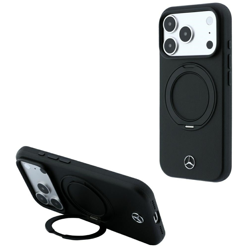 Mercedes Benz iPhone 17 Pro/iPhone 18 Pro -kuori nahkaa, rengasteline, Musta