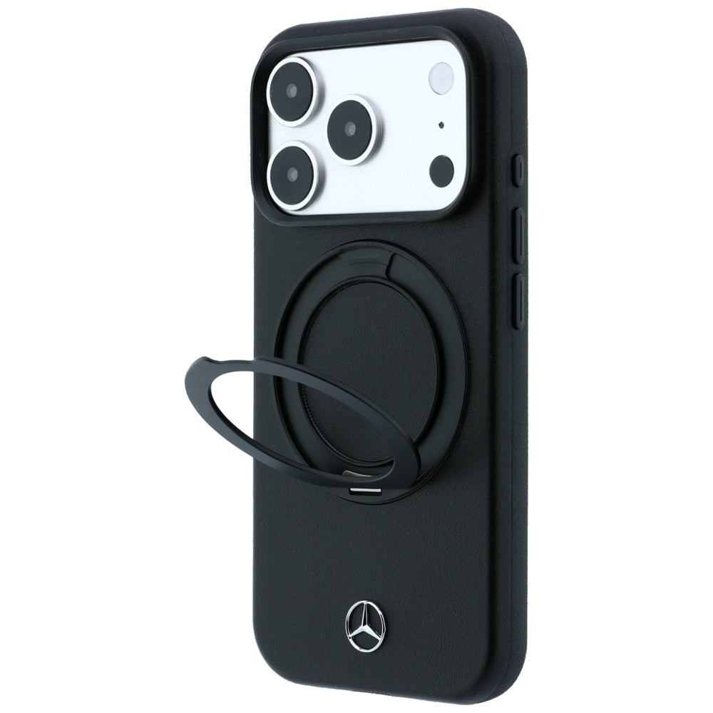 Mercedes Benz iPhone 17 Pro/iPhone 18 Pro -kuori nahkaa, rengasteline, Musta