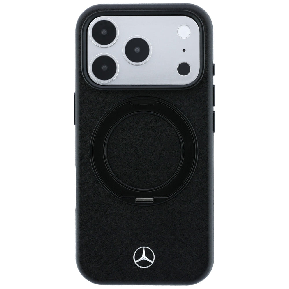 Mercedes Benz iPhone 17 Pro/iPhone 18 Pro -kuori nahkaa, rengasteline, Musta