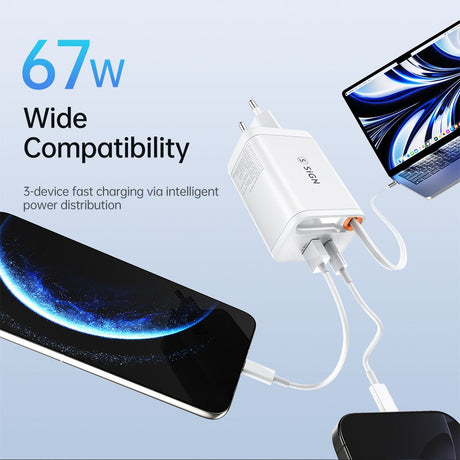 SiGN 65W Snabbladdare GaN med utdragbar USB-C kabel Valkoinen