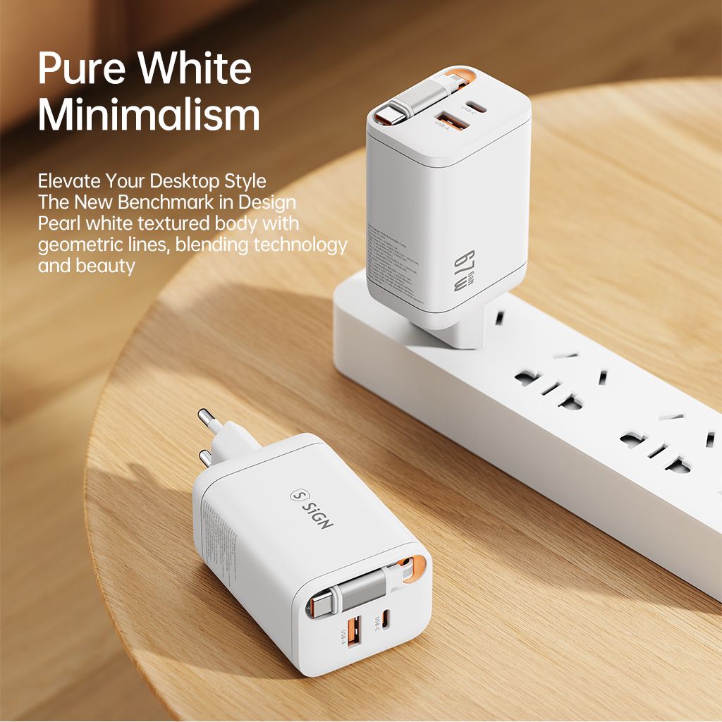 SiGN 65W Snabbladdare GaN med utdragbar USB-C kabel Valkoinen