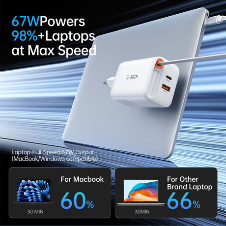 SiGN 65W Snabbladdare GaN med utdragbar USB-C kabel Valkoinen