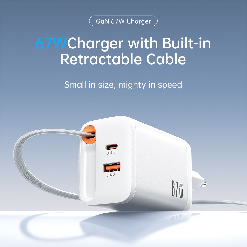 SiGN 65W Snabbladdare GaN med utdragbar USB-C kabel Valkoinen