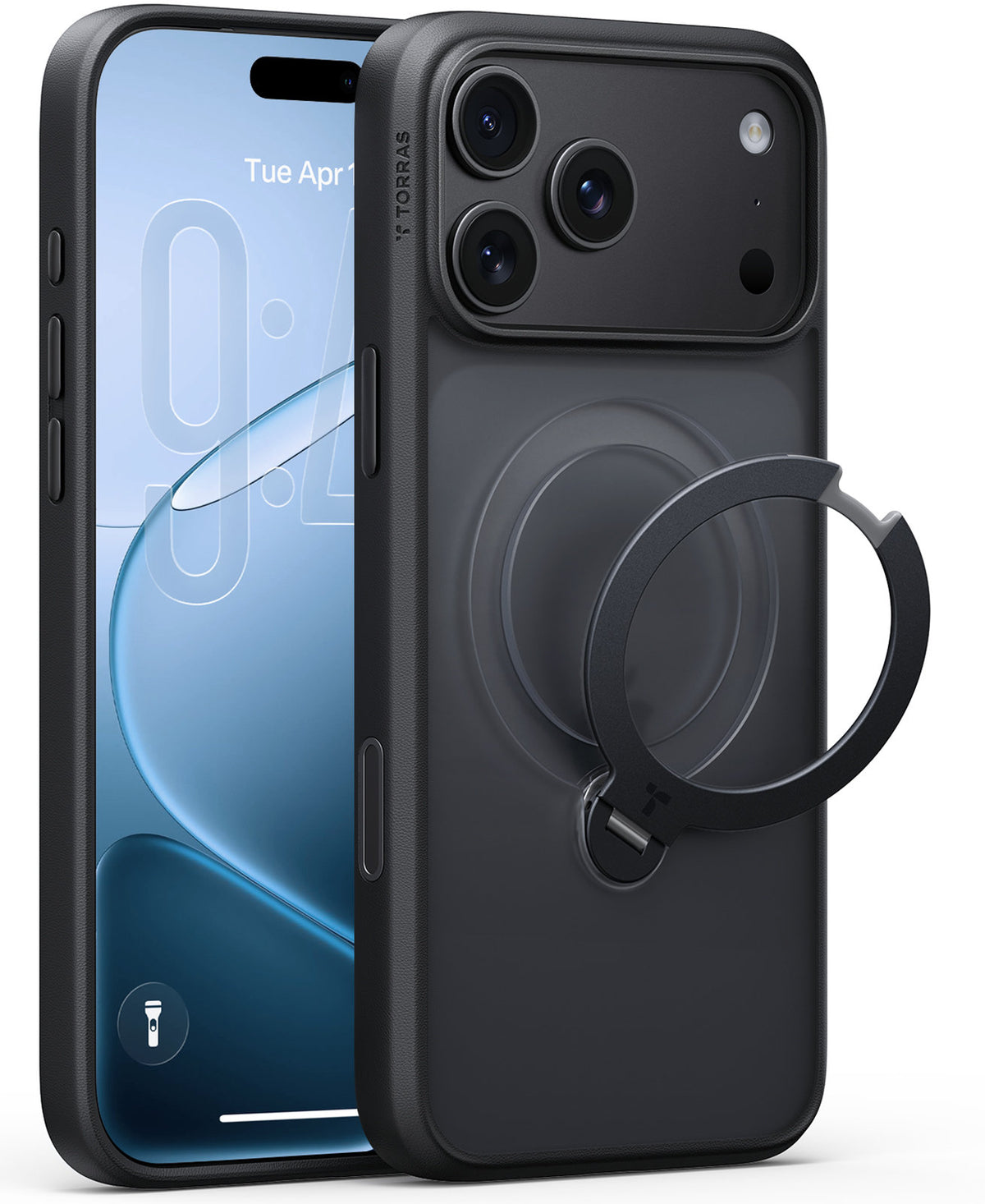 Torras iPhone 18 Pro Max Kuori Ostand Q3 Spin Obsidianmusta