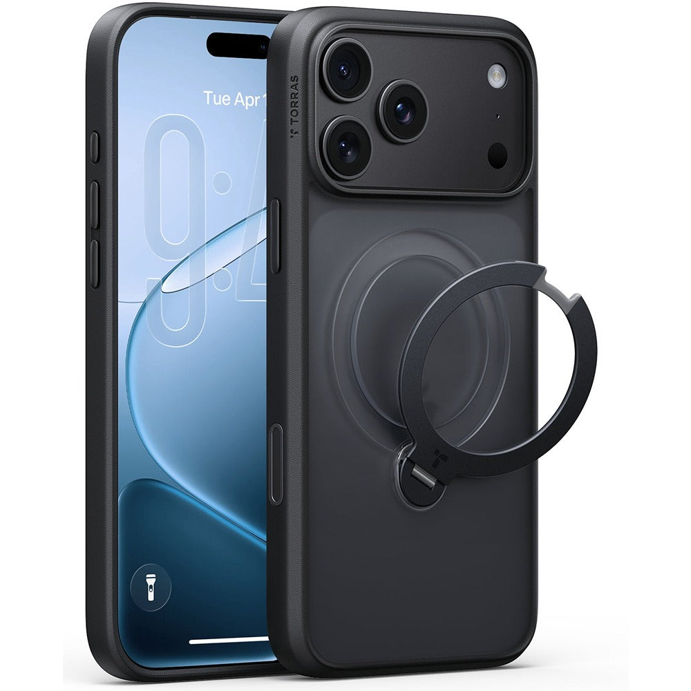 Torras iPhone 18 Pro Max Kuori Ostand Q3 Spin Obsidianmusta
