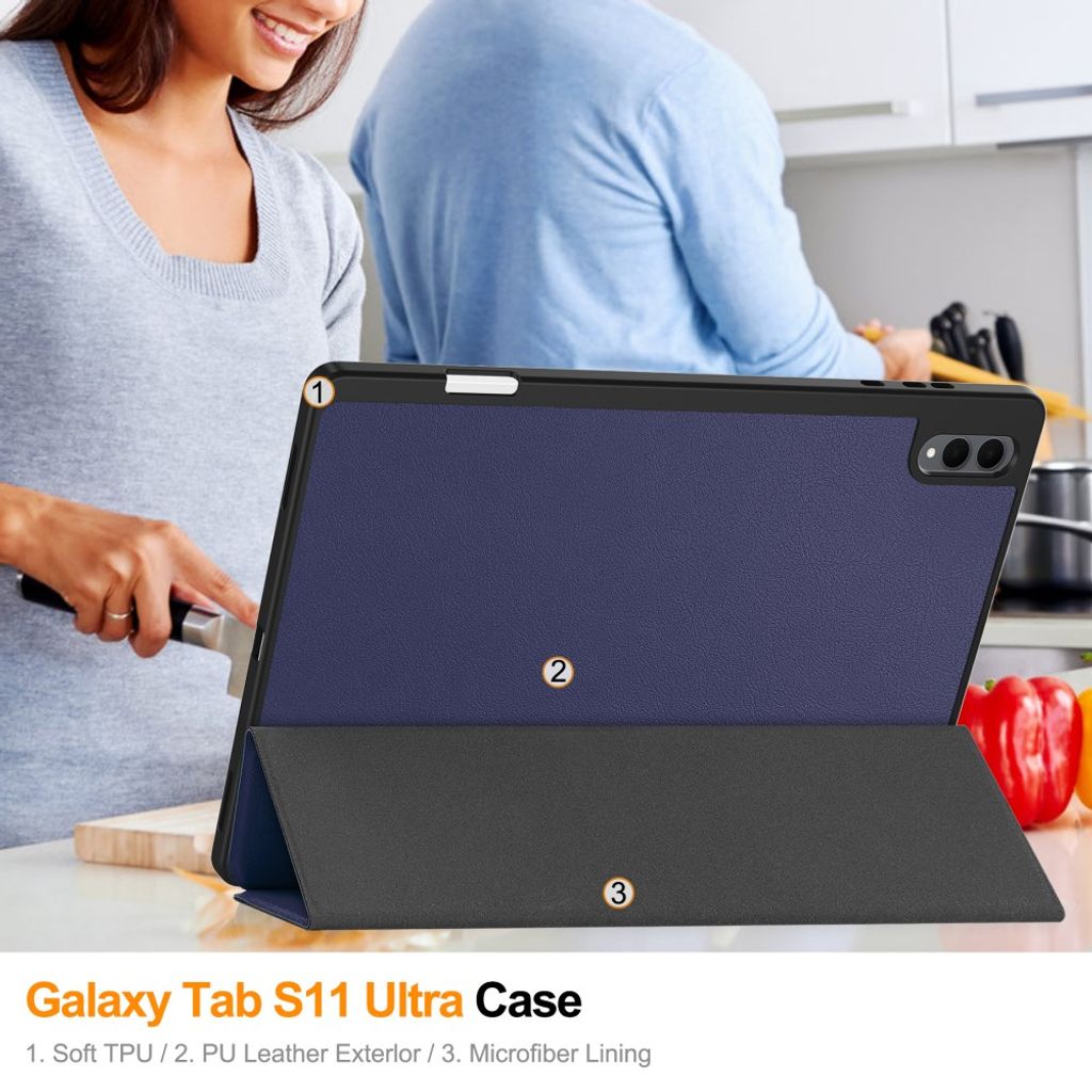 Samsung Galaxy Tab S11 Ultra/S12 Ultra Kotelo Tri-Fold Kynäloukero Sininen