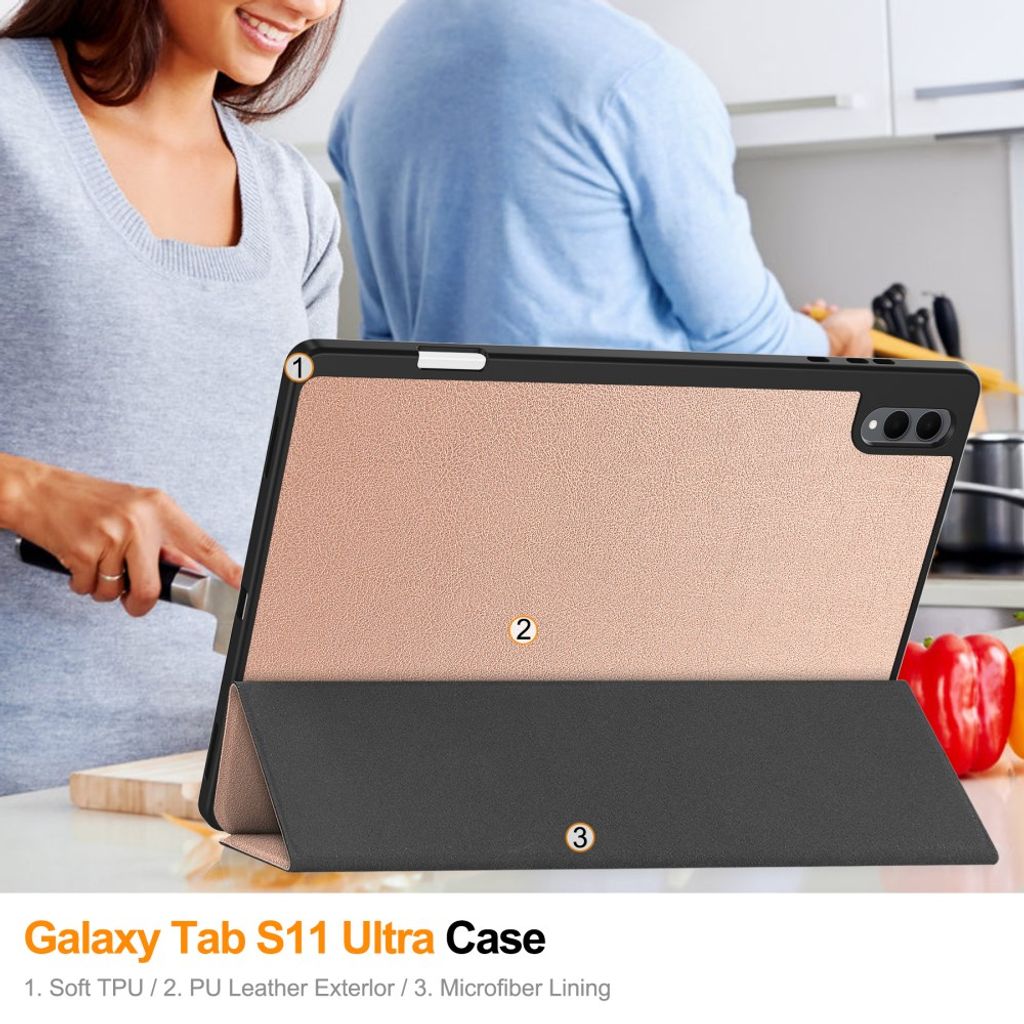 Samsung Galaxy Tab S11 Ultra/S12 Ultra Kotelo Tri-Fold Kynäloukero Ruusukulta