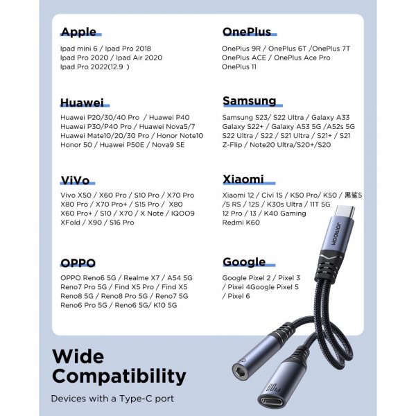 Joyroom Adapter 2-in-1-äänisovitin USB-C–3.5mm+USB-C