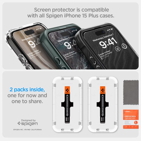 Spigen iPhone 15 Plus -näytönsuoja GLAS.tR EZ Fit FC Musta 2-pakkaus