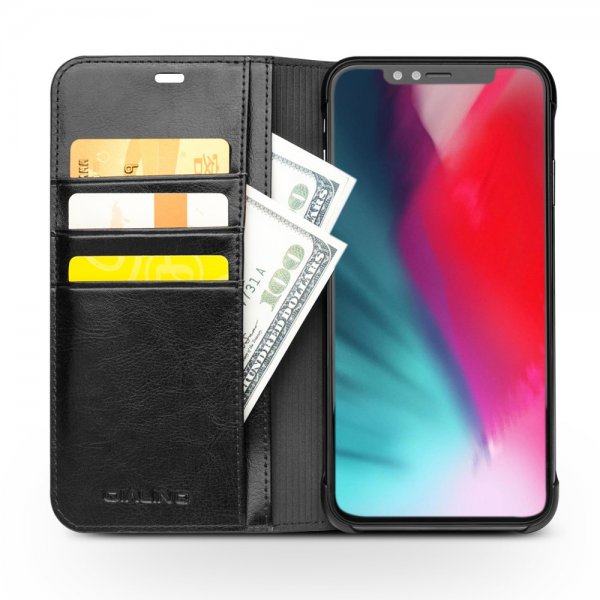 Qialino iPhone Xs Max -kotelo, aitoa nahkaa, korttipaikat, musta