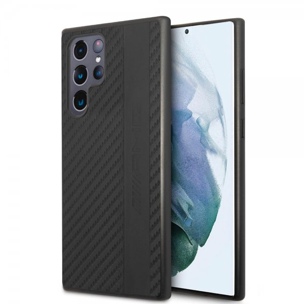 AMG Samsung Galaxy S22 Ultra Suojakuori Nahkainen hiilikuituraita Musta