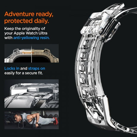 Spigen Apple Watch Ultra 49mm ranneke ja suojakotelo Rugged Armor Pro Crystal Clear