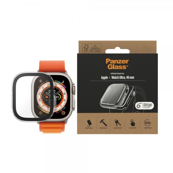 PanzerGlass Apple Watch Ultra 49mm -kuori ja näytönsuoja, koko vartalon suojakalvo, läpinäkyvä