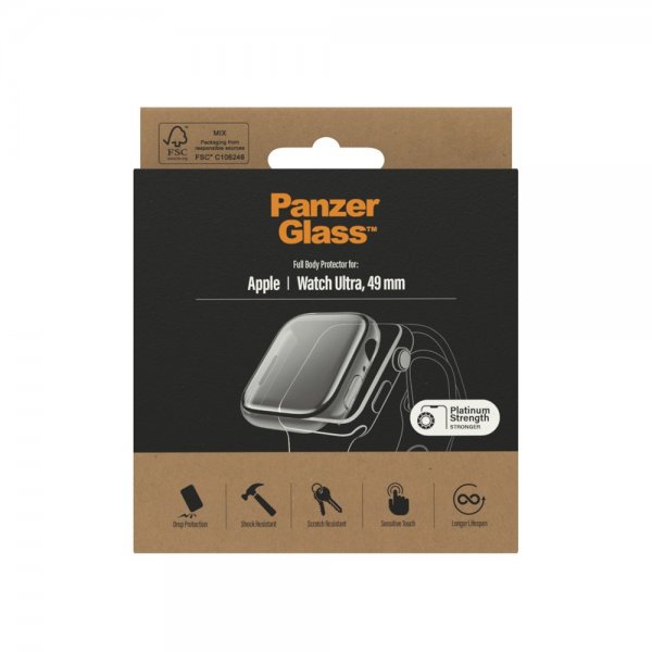 PanzerGlass Apple Watch Ultra 49mm -kuori ja näytönsuoja, koko vartalon suojakalvo, läpinäkyvä