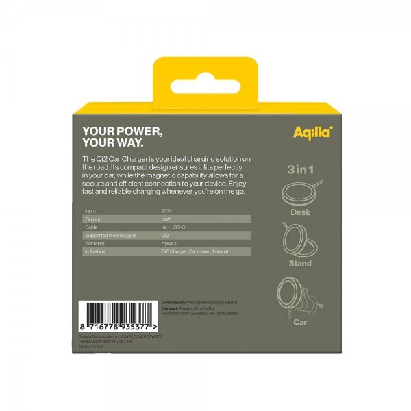 Aqiila Autoteline langattomalla latauksella Chargebird QC1 Qi2 MagSafe 15W