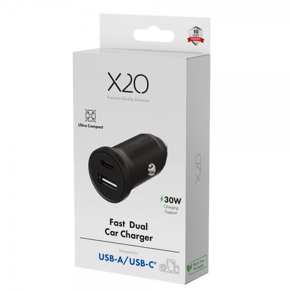 X2O Autolaturi 30W Kaksois-USB-C/USB-A GaN Musta