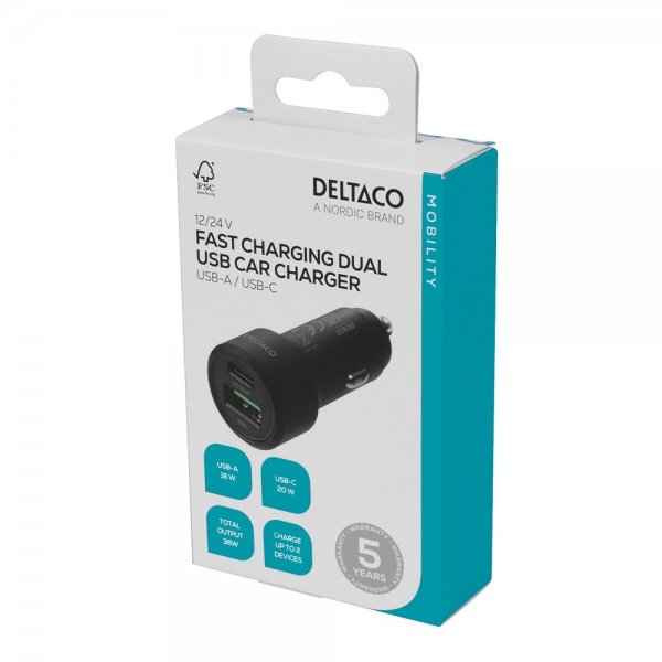 Deltaco Autolaturi Pikalataus Dual USB -autolaturi