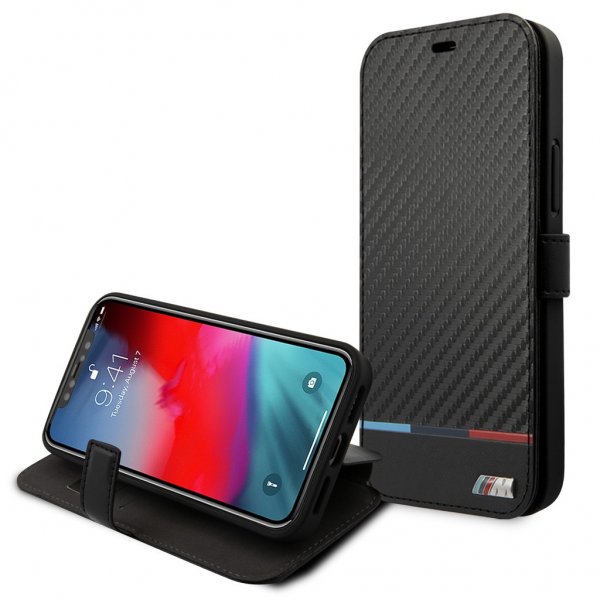 BMW iPhone 13 Pro Max Kotelo Tricolor Carbon Effect Musta