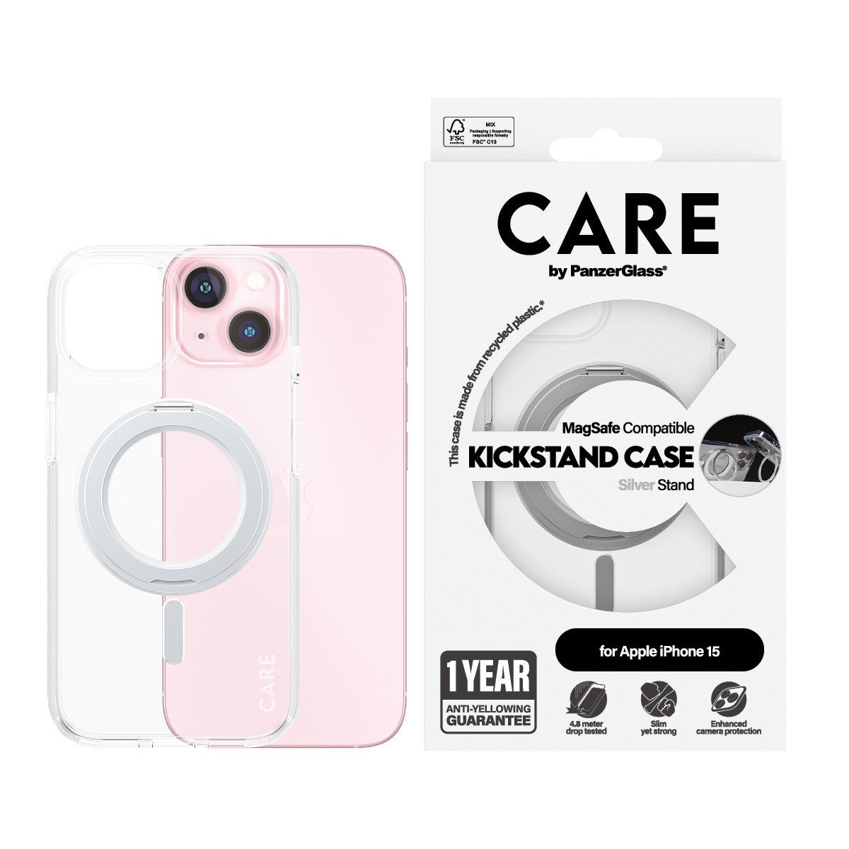CARE by PanzerGlass iPhone 15 Kuori Kickstand MagSafe Kirkas