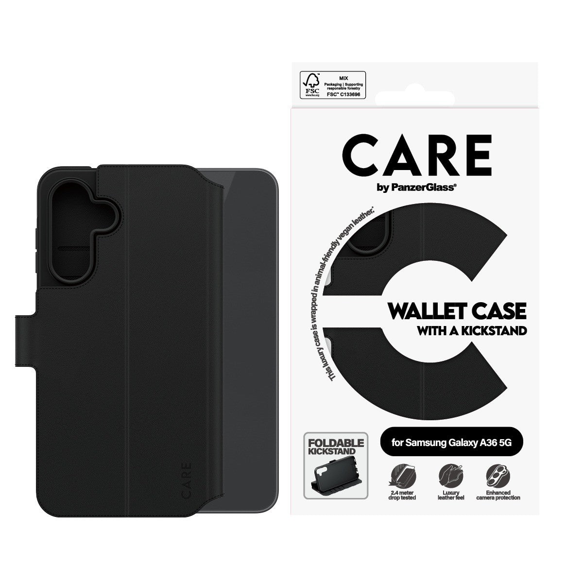 CARE by PanzerGlass Samsung Galaxy A36 Kotelo Wallet Kickstand Musta