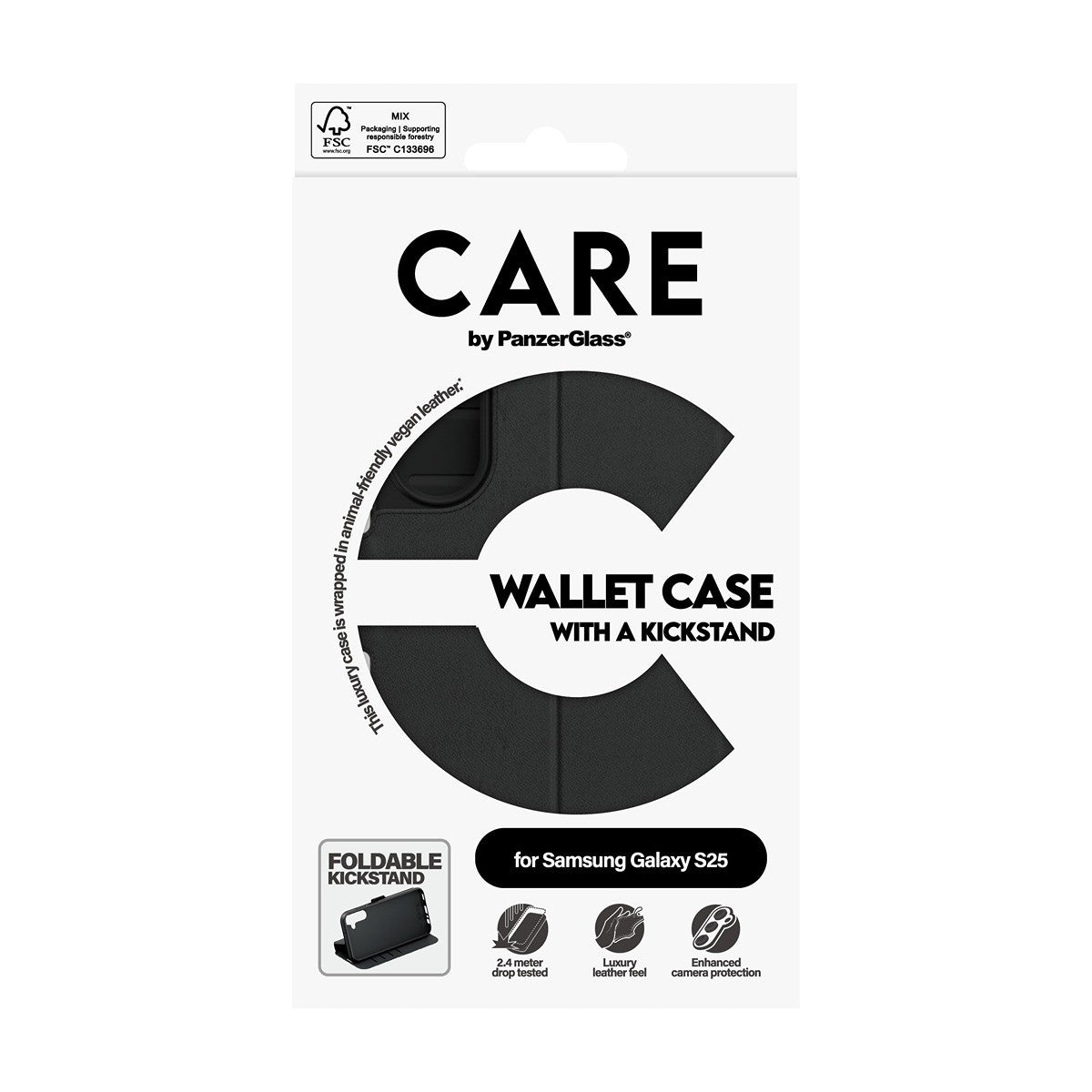 CARE by PanzerGlass Samsung Galaxy S25 Kotelo Wallet Kickstand Musta