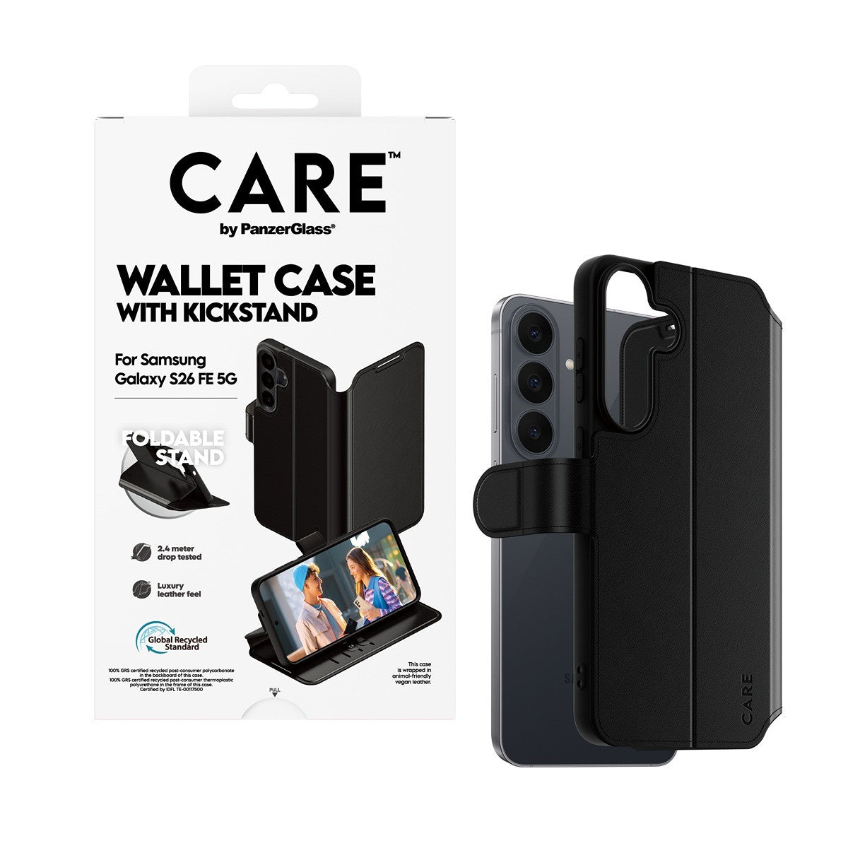 CARE by PanzerGlass Samsung Galaxy S26 FE Kotelo Wallet Kickstand Musta