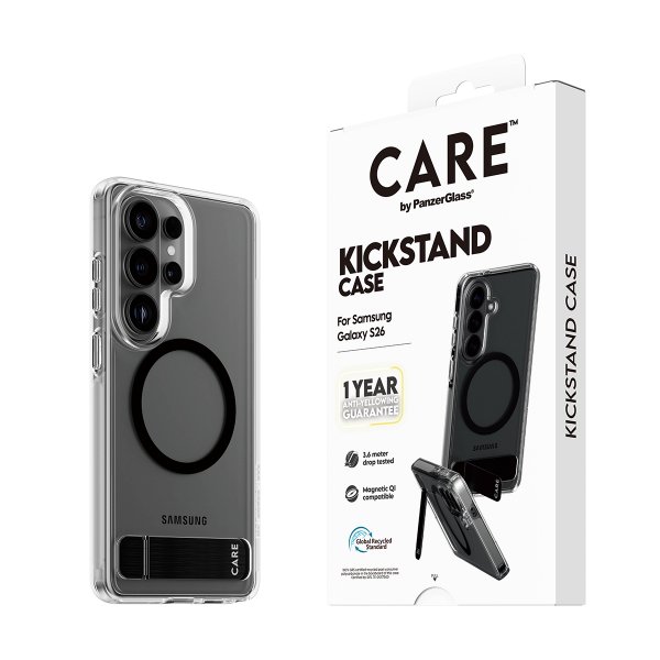 CARE by PanzerGlass Samsung Galaxy S26 -suojakuori jalustalla ja MagSafe-tuella, läpinäkyvä