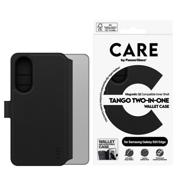 CARE by PanzerGlass Samsung Galaxy S25 Edge -kotelo Tango Two-in-One Wallet MagSafe Musta