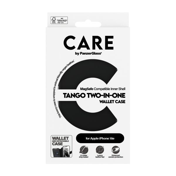 CARE by PanzerGlass iPhone 16e/17e -kotelo Tango Two-in-One Wallet MagSafe Musta