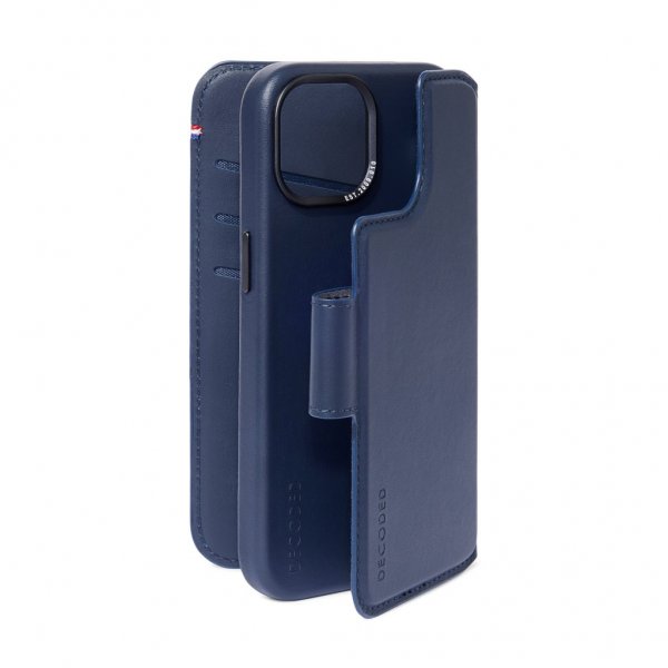 Decoded iPhone 15 Plus -kotelo, nahka, irrotettava lompakko, True Navy