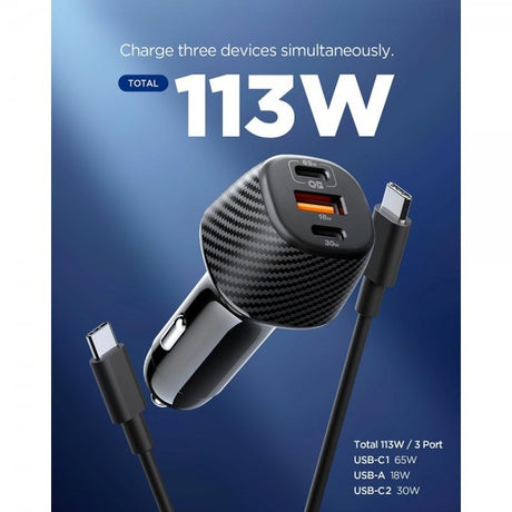 Spigen Essential autolaturi 113W 2xUSB-C 1xUSB-A musta