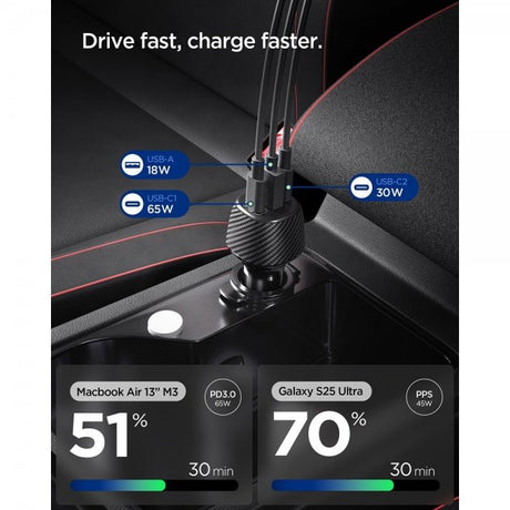 Spigen Essential autolaturi 113W 2xUSB-C 1xUSB-A musta