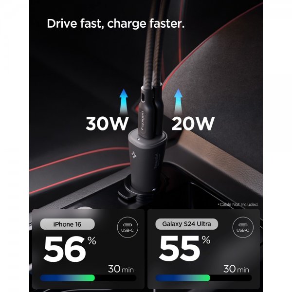 Spigen Essential -autolaturi 50W 2xUSB-C Musta