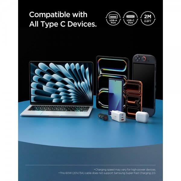 Spigen Essential USB-A–USB-C 60W 2m johto, valkoinen