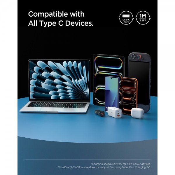 Spigen Essential -kaapeli USB-C–USB-C 60 W 1 m musta