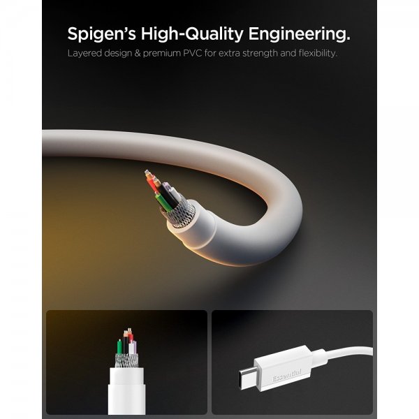 Spigen Essential USB-C–USB-C 60W 2m -kaapeli, valkoinen