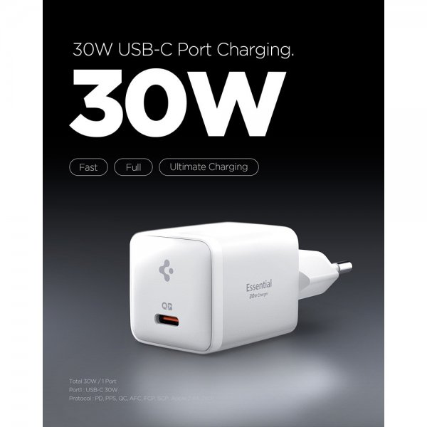 Spigen Essential -matkapuhelinlaturi 30W USB-C, valkoinen