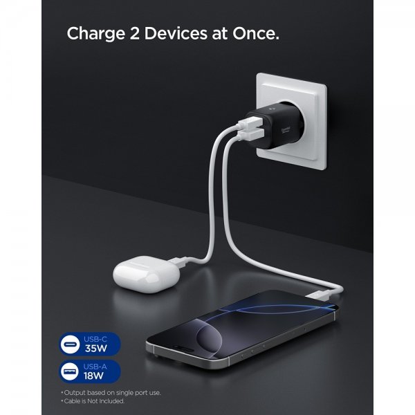 Spigen Essential -laturi 35W 1xUSB-C 1xUSB-A musta