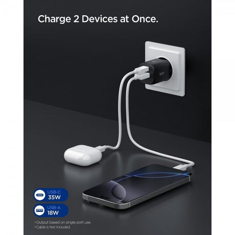 Spigen Essential -laturi 35W 1xUSB-C 1xUSB-A musta