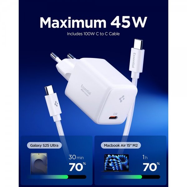Spigen Essential -laturi 45W USB-C, valkoinen
