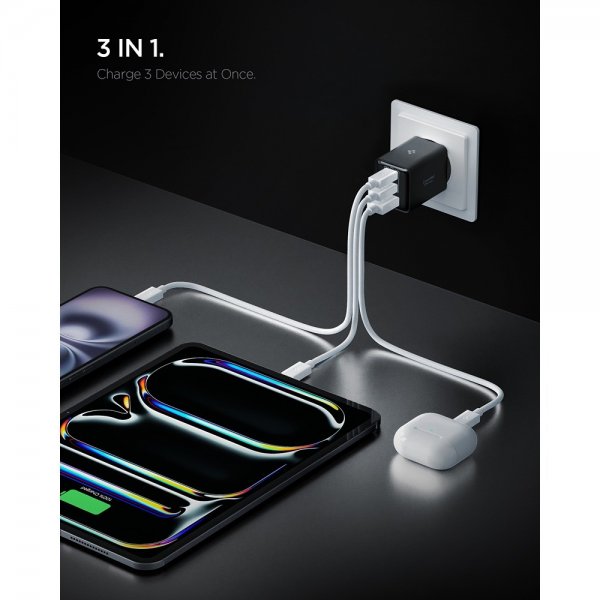 Spigen Essential laturi 47W 2xUSB-C 1xUSB-A Musta
