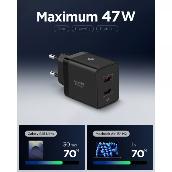 Spigen Essential -laturi 47W 2xUSB-C, musta